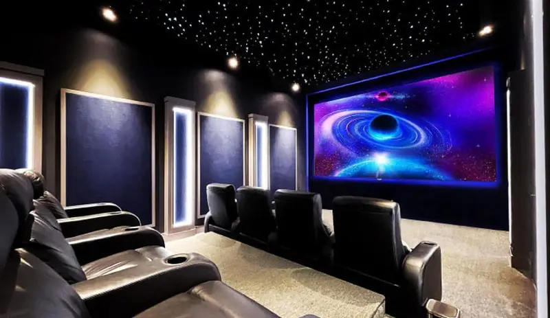 Custom home theater room with big screen, LED lighting and theater seating
